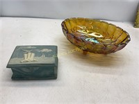 CARNIVAL GLASS FRUIT BOWL AND MUSIC  TRINKET BOX