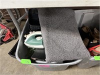 BIN OF MISC HOUSEWARES / CLOTHES IRON ETC