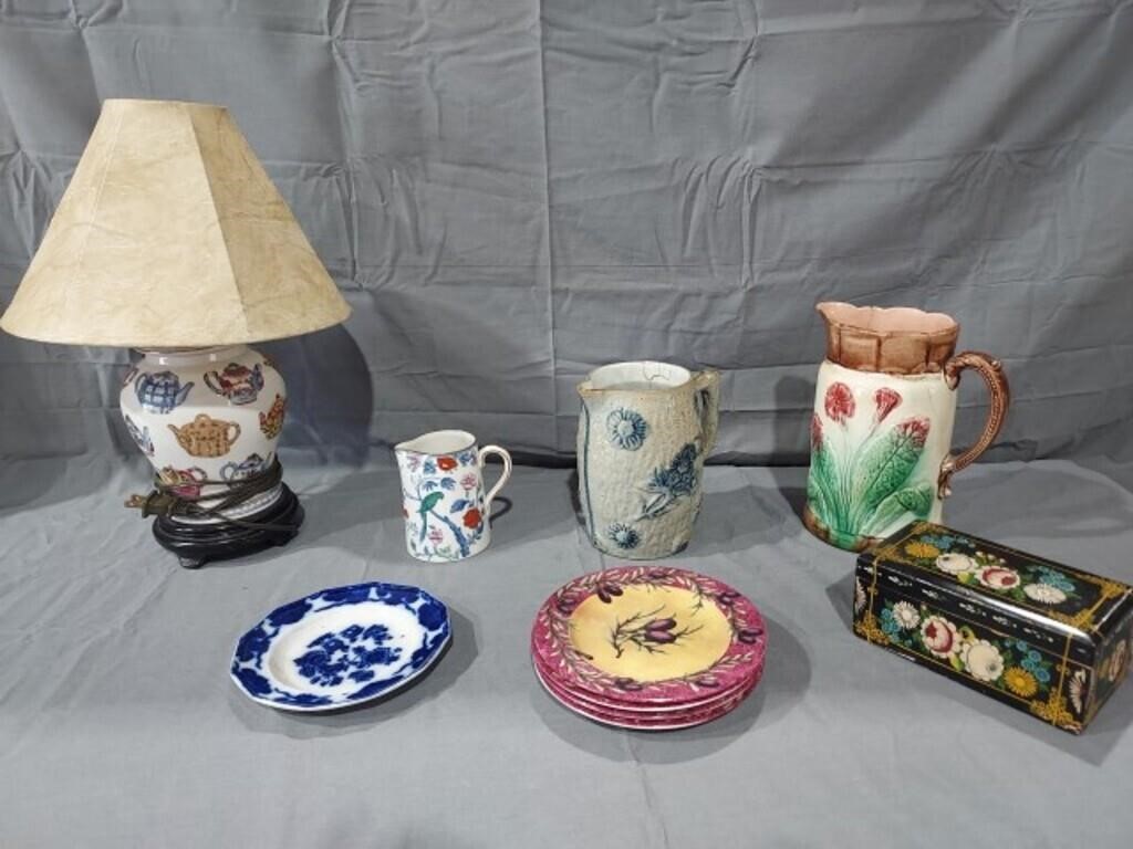 Ceramic Lamp with Shade, Pitchers, Box and