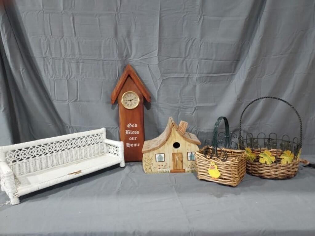 Bird House, wicker Bench, Baskets and Wooden