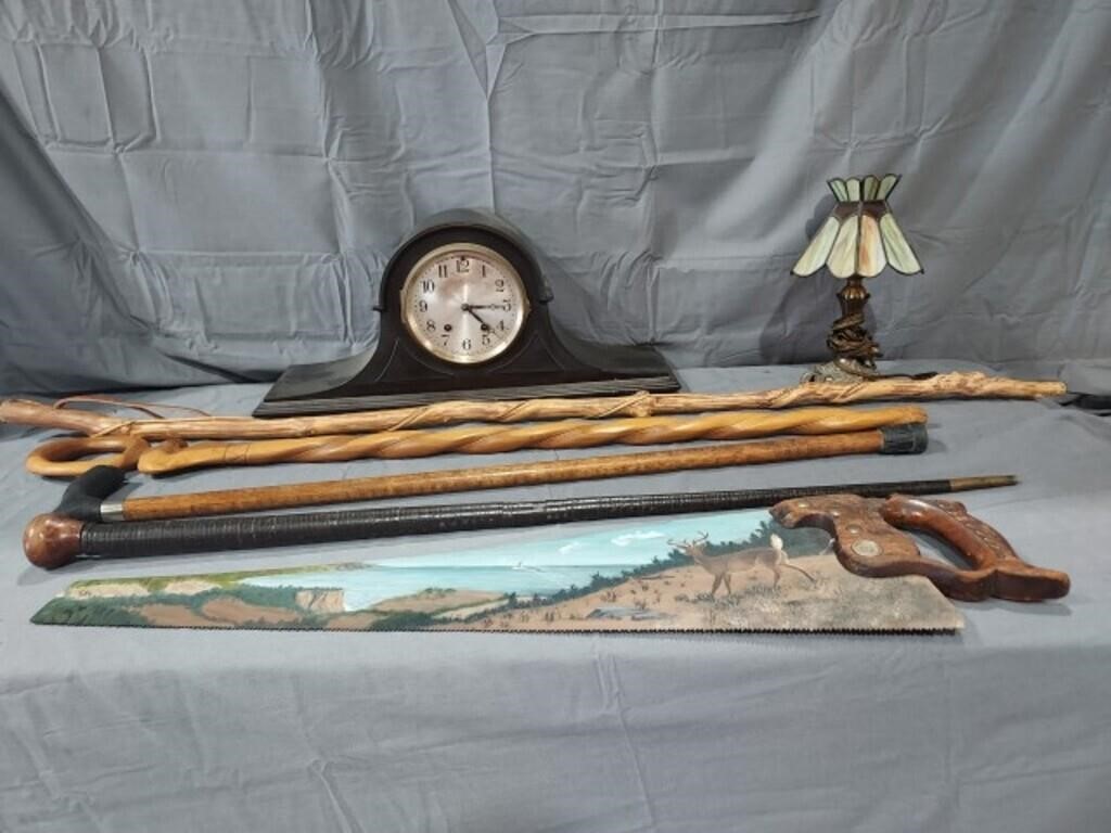 Mantel Clock,  Walking Sticks, Painted Saw, Sm.