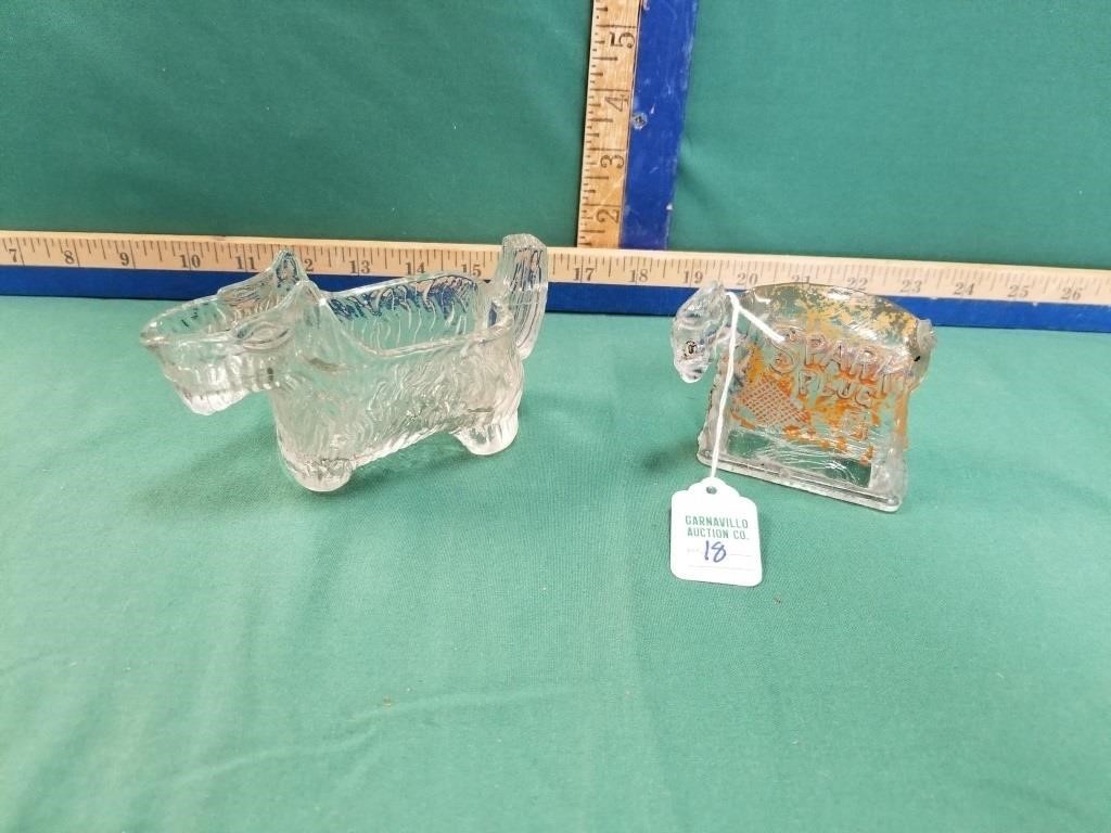 2 GLASS CANDY CONTAINERS INCL SPARK PLUG