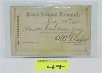 1881 Rock Island Arsenal Visitors Pass