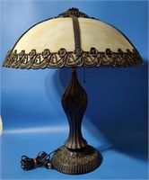 Large Antique Cast Iron & Slag Glass Lamp
