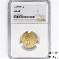 1909-D $5 Gold Half Eagle NGC MS61