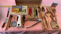Vintage  Spice Grinder, Wood Spoons, Masher,