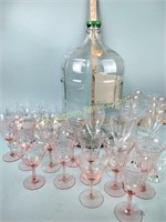 Large bottle, stemware, pink depression glass