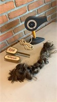 Vintage hair dryer on stand, brush set, hair piece