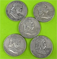 (5) Franklin silver half dollars
