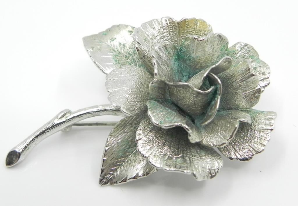 SILVERTONE MONET ROSE BROOCH