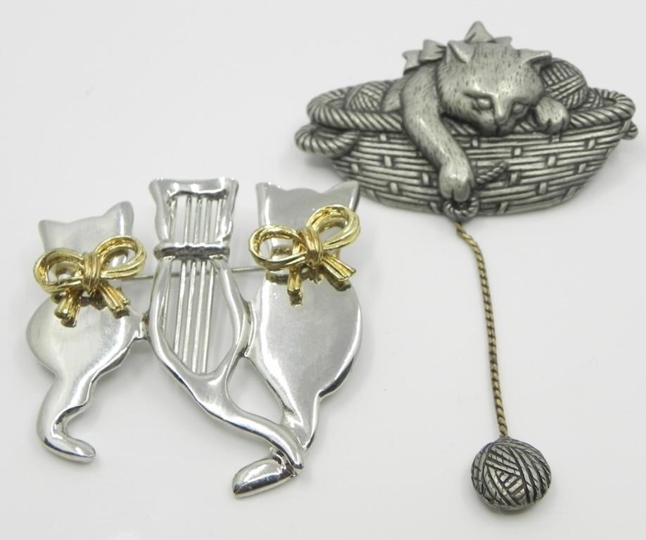 JJ SILVERTONE CAT & YARN PIN & TWO TONE 3 CATS PIN