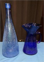 2 Pc. Mid Century Crackle Glass, Vase & Pitcher