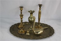 Brass tray 18.5", vase 8", solid bird 8", candle