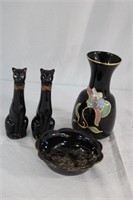Two black cat cruets 6.5", vase 7.5" bowl 5.25"