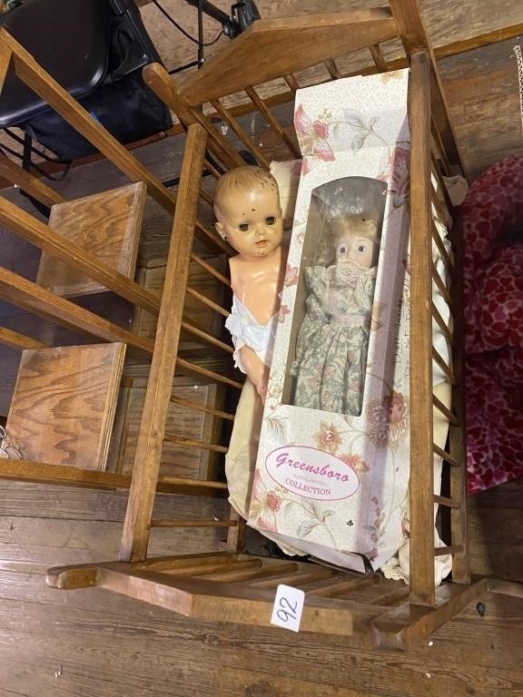 Antique baby doll crib, and two baby dolls 1 doll