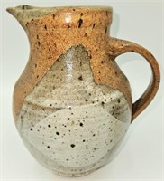 Signed Pottery Handled Pitcher Brown Glazed 8 1/4"