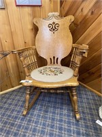 ANTIQUE OAK ROCKER W/ NEEDLEPOINT SEAT