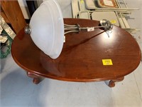 WOODEN COFFEE TABLE, GLASS SHADE LIGHT FIXTURE