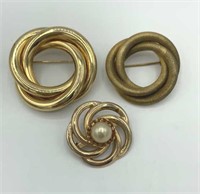 Lot of 3 Vintage Weaved Round Gold Tone Brooches