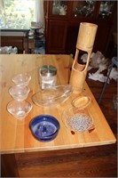 Glass jar, bowls, wood decor