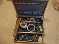 Jewelry box w/costume jewelry, hand fan,