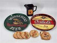 ORTLIEBS TIN BEER TRAY, MOOSEHEAD, COASTERS