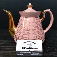 Vtg Hall Pink 22K Gold Tea Pot Basket Weave Mid