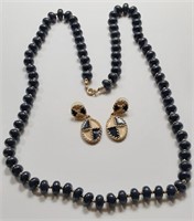 BLUE & GOLD TONE BEAD NECKLACE & EARRINGS