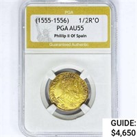 1555 1/2R'O 3.4g Gold Phillip II Spain PGA AU55