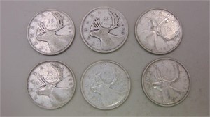 (6) Canadian Silver Quarters