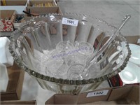 Clear punch bowl, 5 press glass cups, ladle