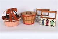 Vintage Market Basket w/ Lid, Painted Wood Totes