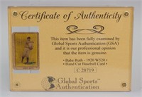 Babe Ruth 1920 Hand Cut Baseball Card COA