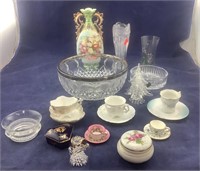 Tiny Cups/Saucers, Waterford Bowl/More & Dolls