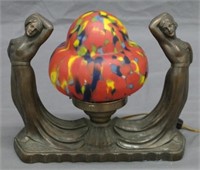 Art Deco Two Ladies Figural Lamp w/Czech  Shade