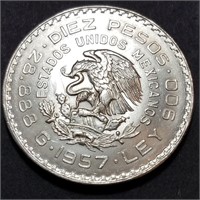 1957 MEXICO 10 PESOS - 90% Silver MS Commemorative