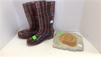 (1) pair of rain boots (1) decorative stone