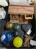 Wooden hand painted doll house, glass bouy.