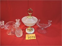 Victorian Glass Candleholders, Lidded Jar