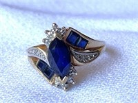 10k Gold Sapphire and Diamond Marquis Ring 3.1g