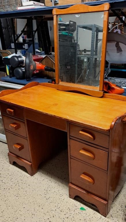 Vintage Wood Desk/Vanity w Mirror