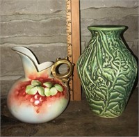 Belleek Willets Pitcher & Green Weller Ware Vase