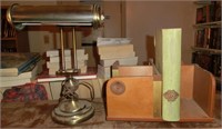 Revolving book stand, desk lamp, book box