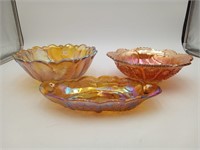 3 Marigold Carnival Glass Bowls & Dishes
