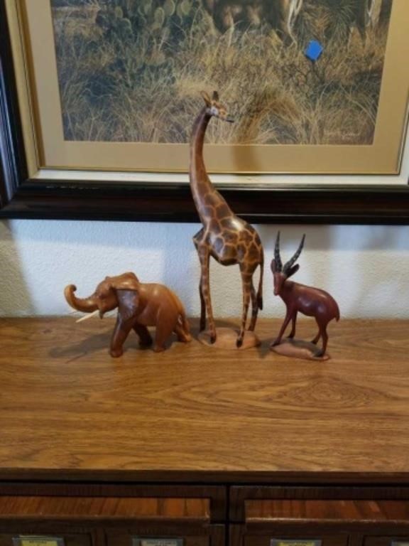 3 pieces carved in Kenya elephant giraffe and