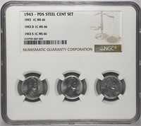 1943-P/D/S Steel Cent Set NGC MS66