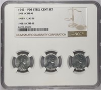 1943-P/D/S Steel Cent Set NGC MS66