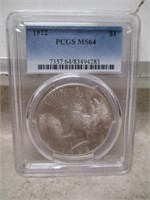 1922 PCGS MS64 Graded Peace Silver Dollar