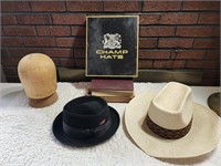 Champ Felt Fedora, cowboy hat, wooden wig stand