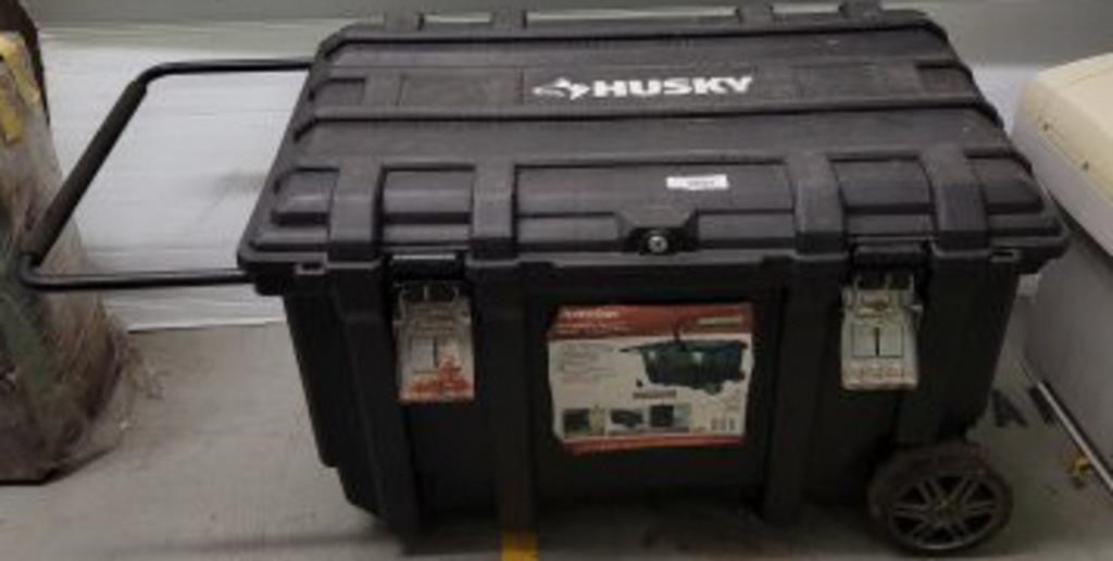 HUSKY 50 GAL BOX ON CASTERS, TIRE, MISC